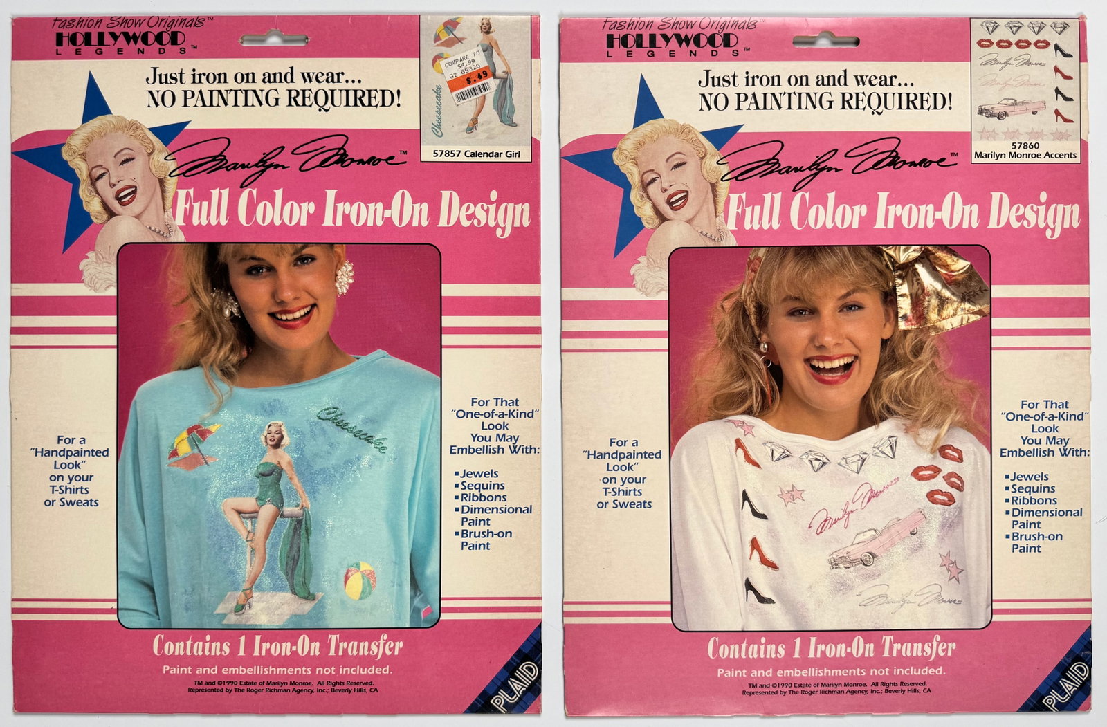 Marilyn Monroe 1990 Vintage Full Color Iron-On Transfers Fashion Show Originals Lot of 2: Pair of unopened 1990 Fashion Show Originals Hollywood Legends Marilyn Monroe full-color iron-on transfers: Calendar Girl and Marilyn Monroe Accents. Both retain original packaging; Calendar Girl has 