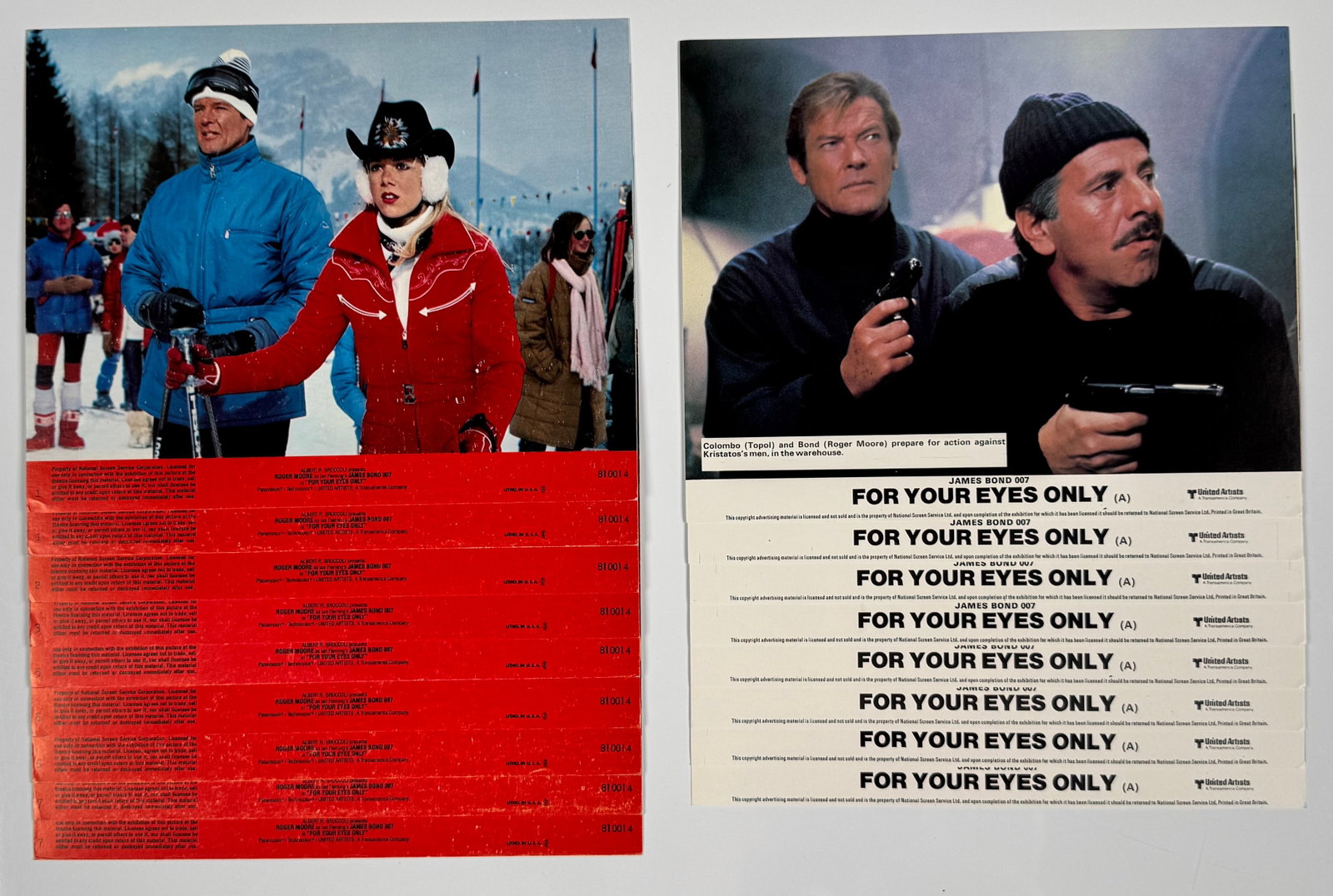For Your Eyes Only 1981 Original US Mini Lobby Card Sets Roger Moore James Bond Lot of 2: Two complete original U.S. mini lobby card sets for the 1981 James Bond film For Your Eyes Only, including Styles A and B, for a total of 16 cards.