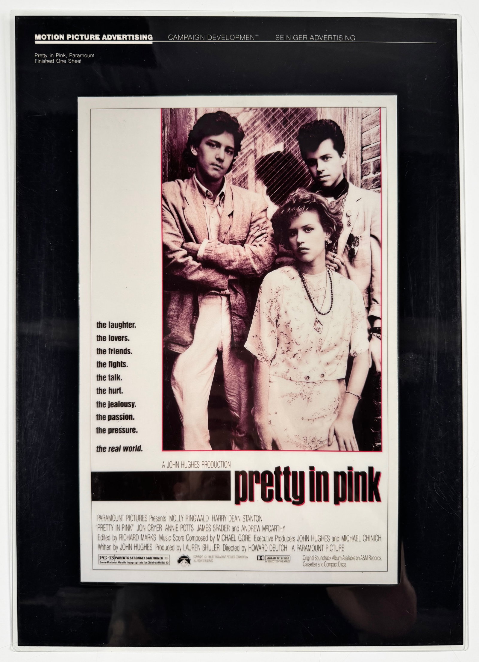 Pretty in Pink 1986 Paramount One Sheet Presentation Board Molly Ringwald John Hughes Van Eaton COA: Paramount 1986 laminated presentation board of the one-sheet for Pretty in Pink. Measuring 12.25 x 17.25 inches, the production-used board has scuffs, scratches and light soiling from use. It is label