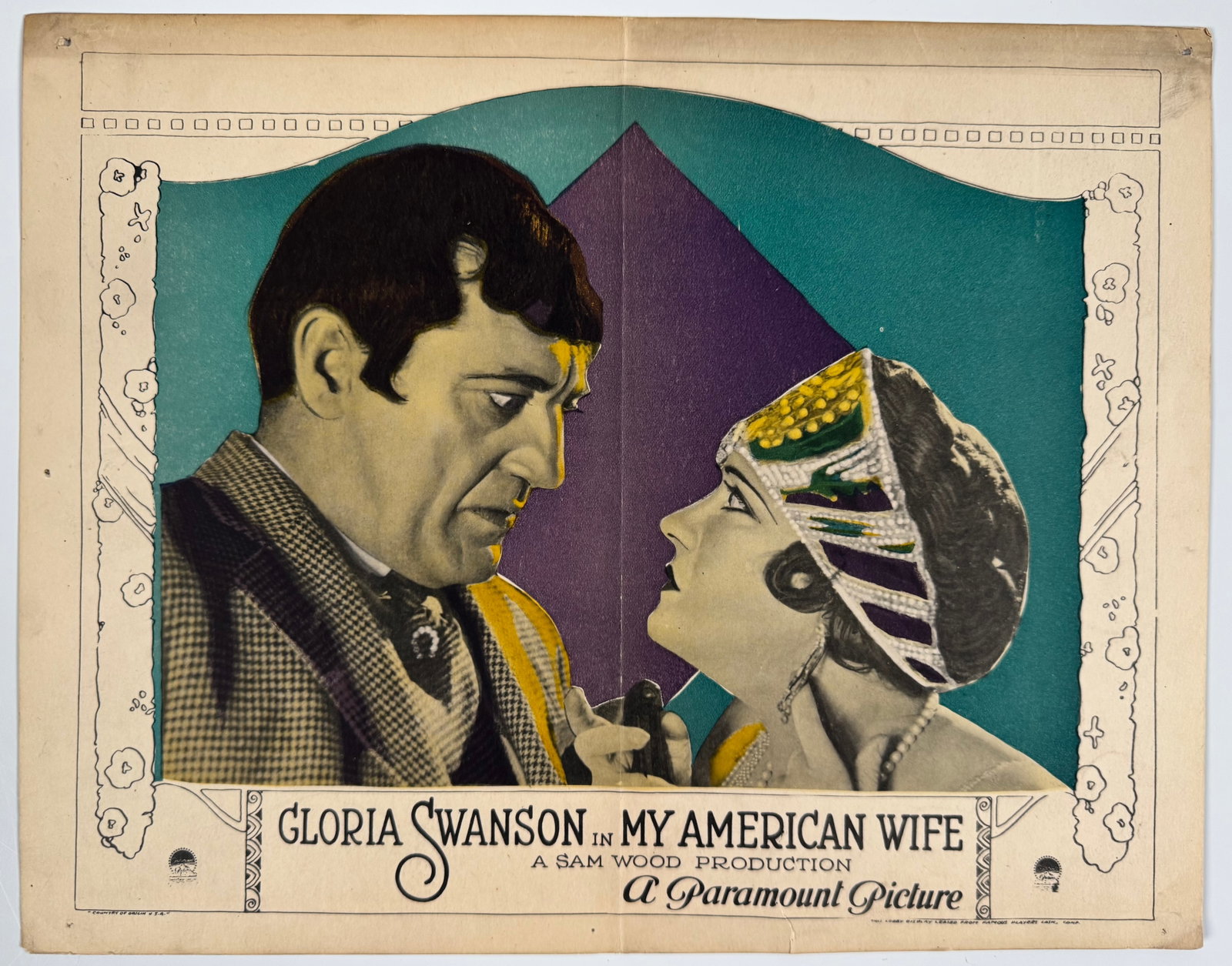 My American Wife 1922 Original Lobby Card Gloria Swanson Antonio Moreno Paramount Silent Film 11x14: Original color lobby card for My American Wife, the 1922 Paramount silent drama directed by Sam Wood and starring Gloria Swanson and Antonio Moreno. The 11 x 14 inch card features Swanson and Moreno i