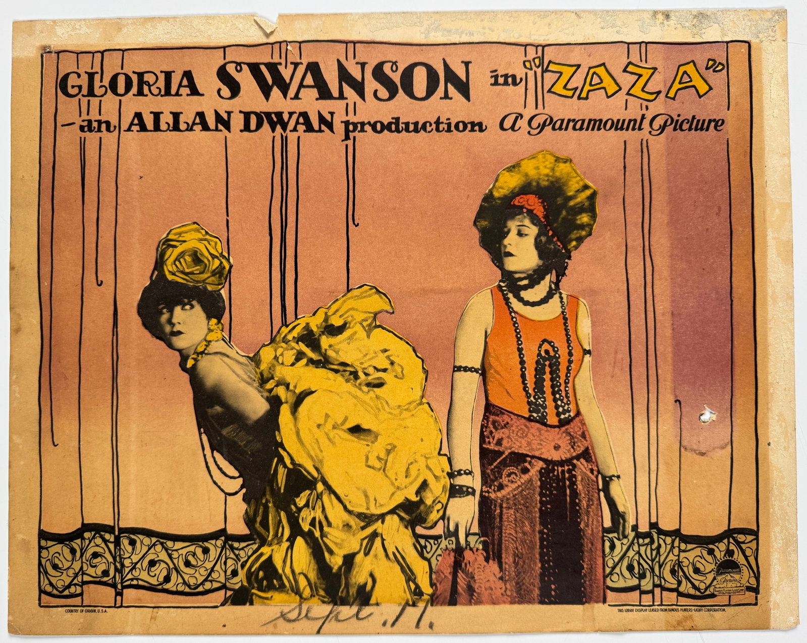 Zaza 1923 Original Lobby Card Gloria Swanson Allan Dwan Paramount Silent Film Poster Romance 11x14 (1 of 8)