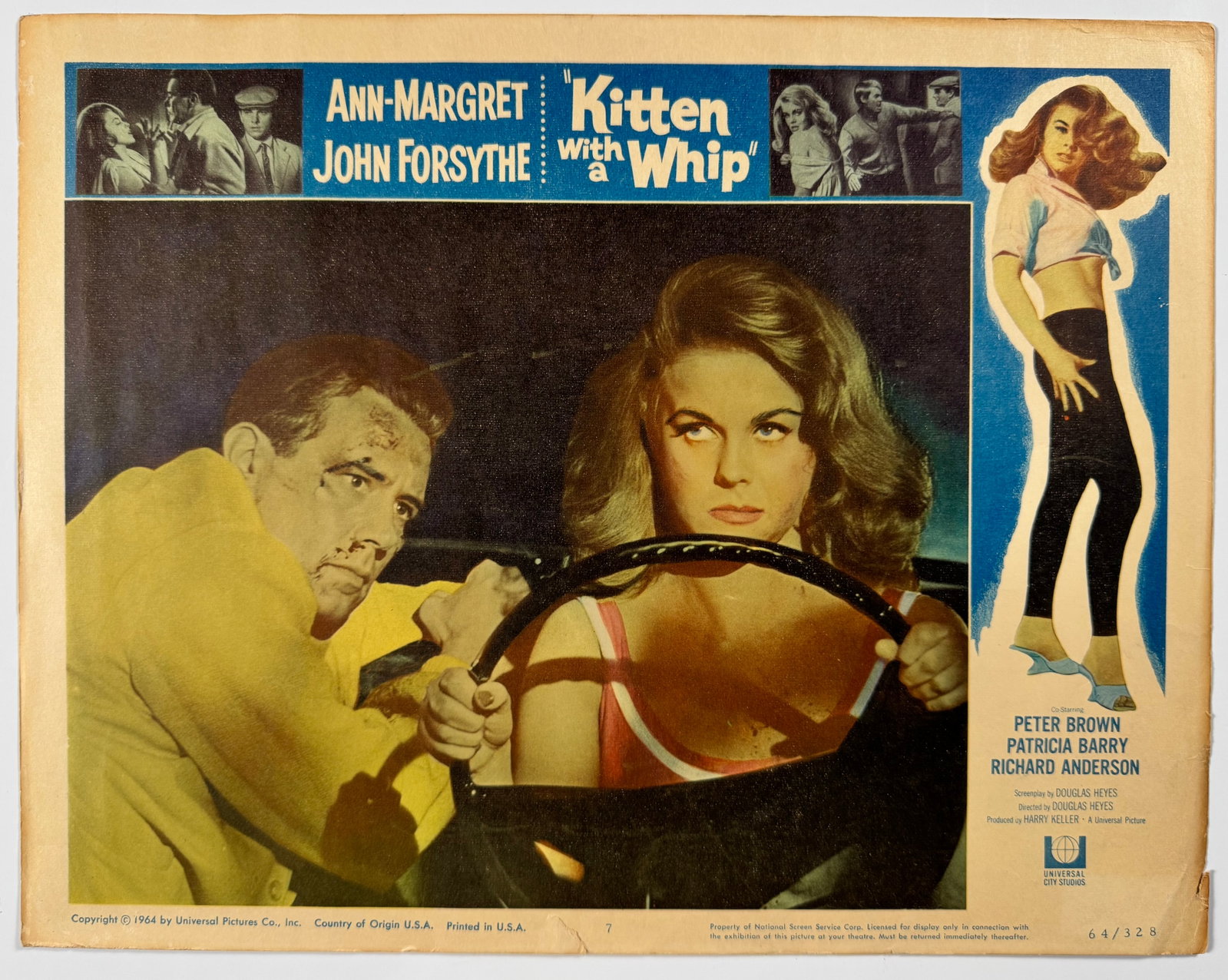 Kitten with a Whip 1964 Original US Movie Lobby Card Ann Margret John Forsythe Universal Drama: The 1964 exploitation teen drama film was directed by Douglas Heyes and stars Ann-Margret and John Forsythe. The screenplay was adapted from the 1962 suspense novel of the same title written by Wade M