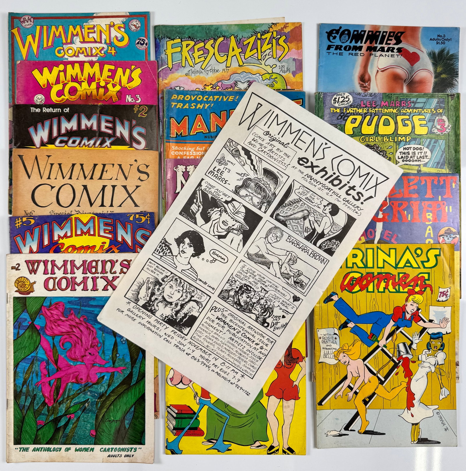 Trina Robbins Wimmen's Comix Lee Marrs Feminist Underground Comix Lot 14 + 1975 Exhibit Flyer: Archive of vintage feminist and women-created underground comix accompanied by an original 1975 Wimmen's Comix exhibition flyer for a show of original comic art at San Francisco's Nanny Goat Hill Gall