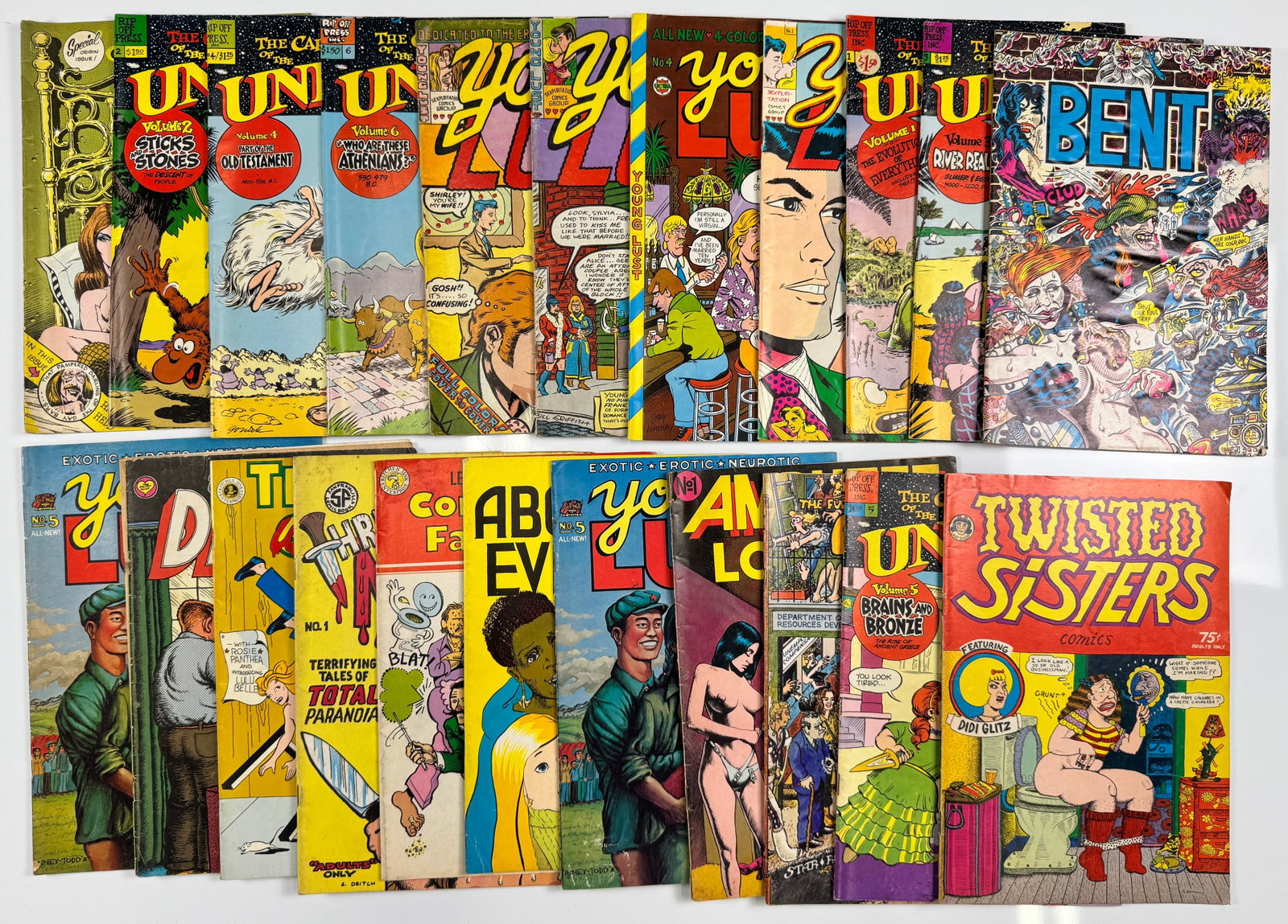 Twisted Sisters Young Lust Trina Robbins Lee Marrs Underground Comix Lot of 20+ 1970s Adult: Large collection of vintage underground and adult comix from the 1970s and early 1980s, centered on sex, relationships, feminism, politics and counterculture. Highlights include Twisted Sisters Comics