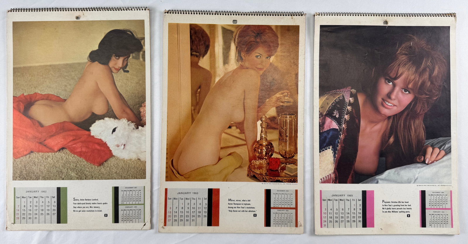 Playboy 1962 1963 1965 Vintage Pin-Up Photography Wall Calendars Lot of 3: Lot of three vintage Playboy spiral-bound wall calendars from 1962, 1963 and 1965 featuring Playboy pin-up and glamour photography throughout. The calendars retain their spiral bindings and monthly il