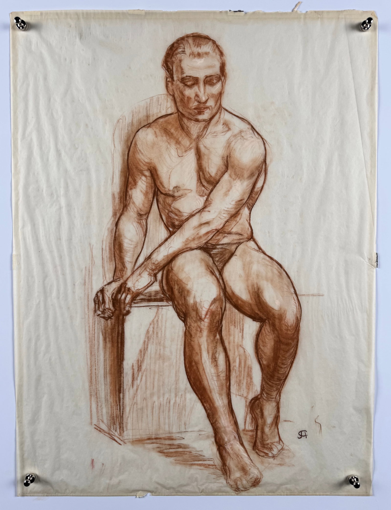 Clyde James Archibald Seated Male Nude Life Study Original Sanguine Pastel Drawing Gay Interest Art: Clyde James Archibald (1903–1989) was an Oregon engineer and prominent regional artist who led Portland's historic "Attic Studio" life drawing collective. This original mid-century academic life stu