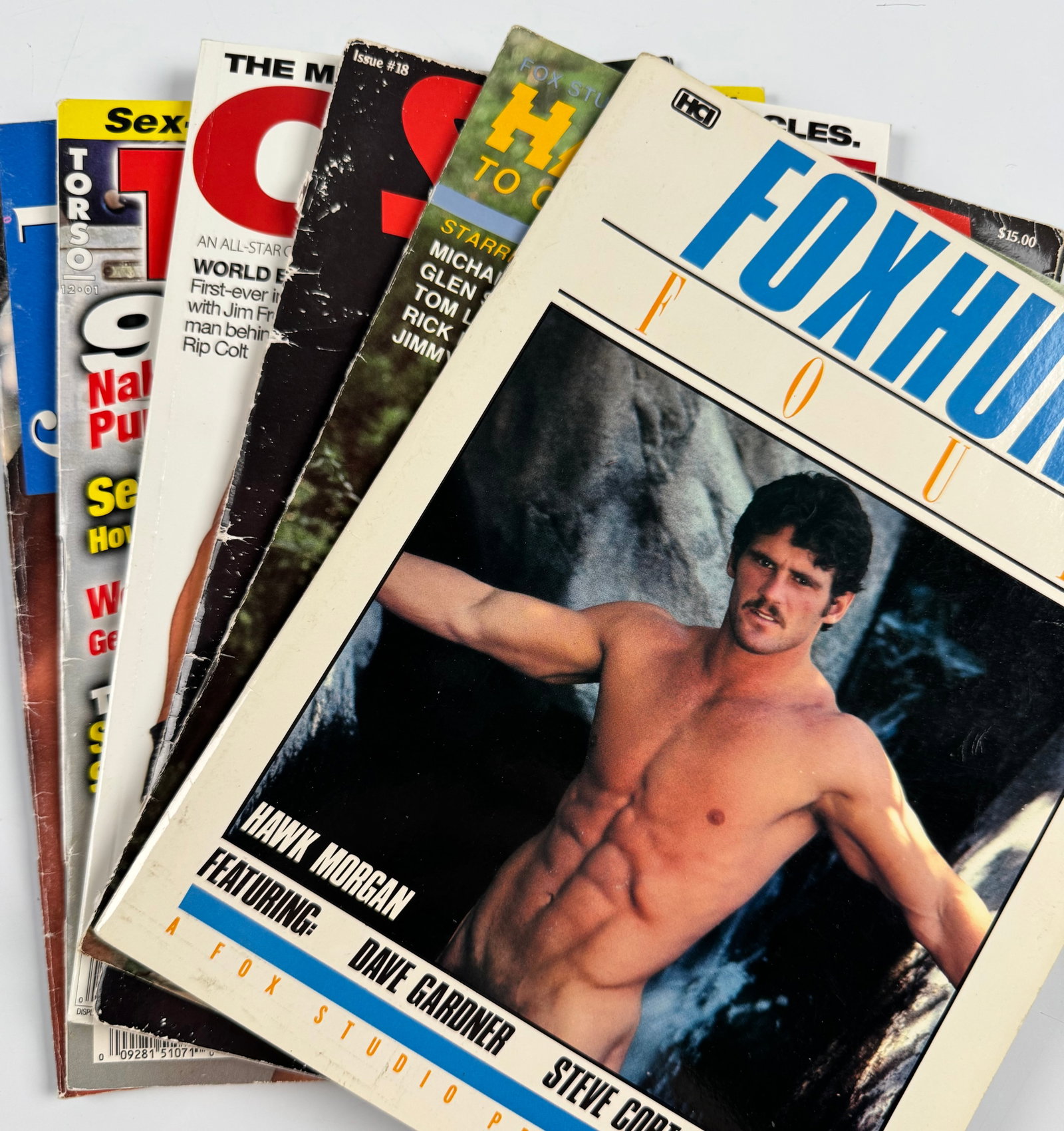 Jim French Colt Studio Foxhunt Spurs Freshmen Torso Gay Interest Male Nude Magazines 6-Piece Lot: Lot of six gay male physique magazines comprising Foxhunt Four; Fox Studio Presents Hard to Come By; Spurs Issue 18; Colt: The Men. The Myth. The Muscles.; Torso, December 2001; and Freshmen, March 19