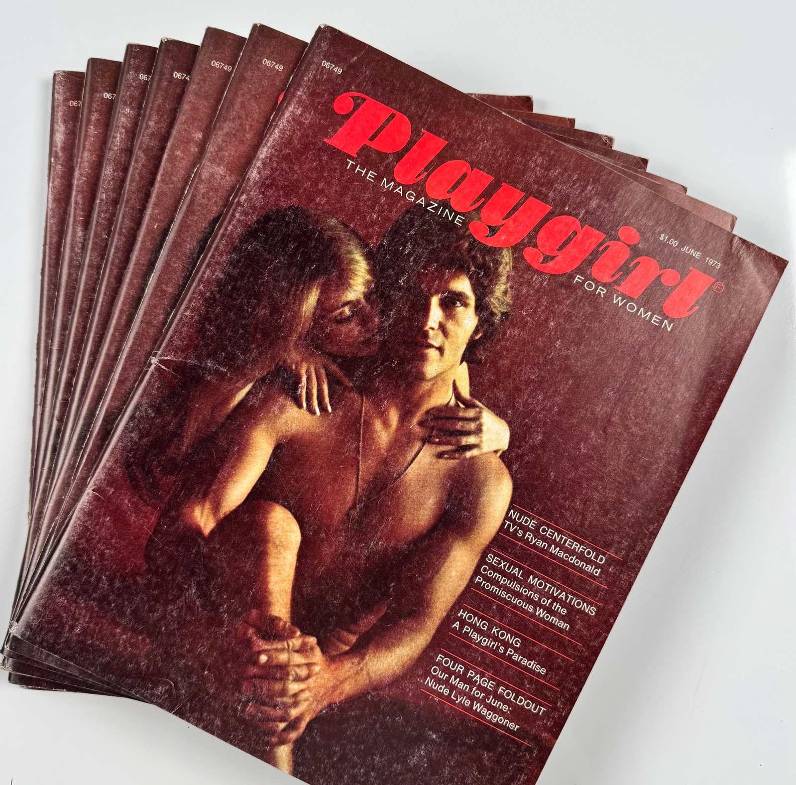 Playgirl Magazine 1 First Issue June 1973 Lyle Waggoner Queer Male Physique Centerfolds 7-Piece Lot: This magazine, “Playgirl Volume 1 Issue 1 ” from June 1973 has a four-page fold out centerfold of Lyle Waggoner from the 'Carol Burnett Show' and lots of great articles and pictures of guys. T