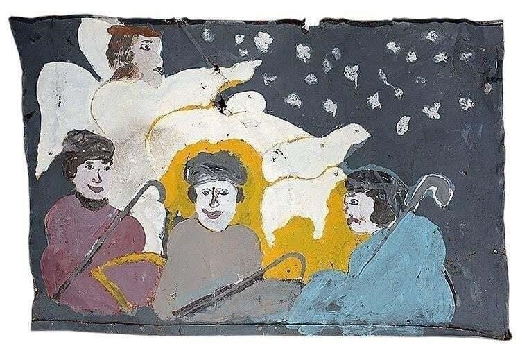 Sam Doyle. The Shepherds: Sam Doyle. (1906-1985) The Shepherds. Circa late 1960s. Initialed on verso. Paint on found and weathered tin. Part of a creche/nativity found in Doyle's yard at Christmas. Piece is showcased in the Ar