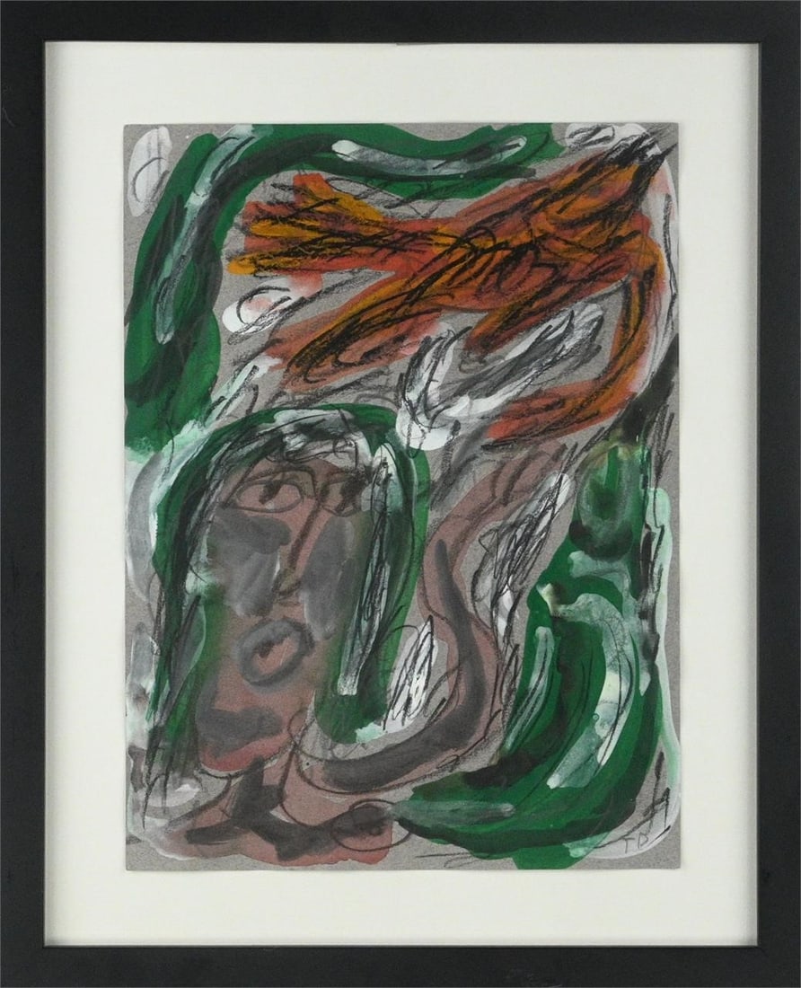 Thornton Dial. Female Nude with Orange Bird: Thornton Dial. (1928-2016) Nude female with Orange Bird. Initialed. Pencil, Charcoal, Watercolor on Rag Paper. Vivid green and orange colors. Nice example of Thornton Dial's work. Excellent Condition.