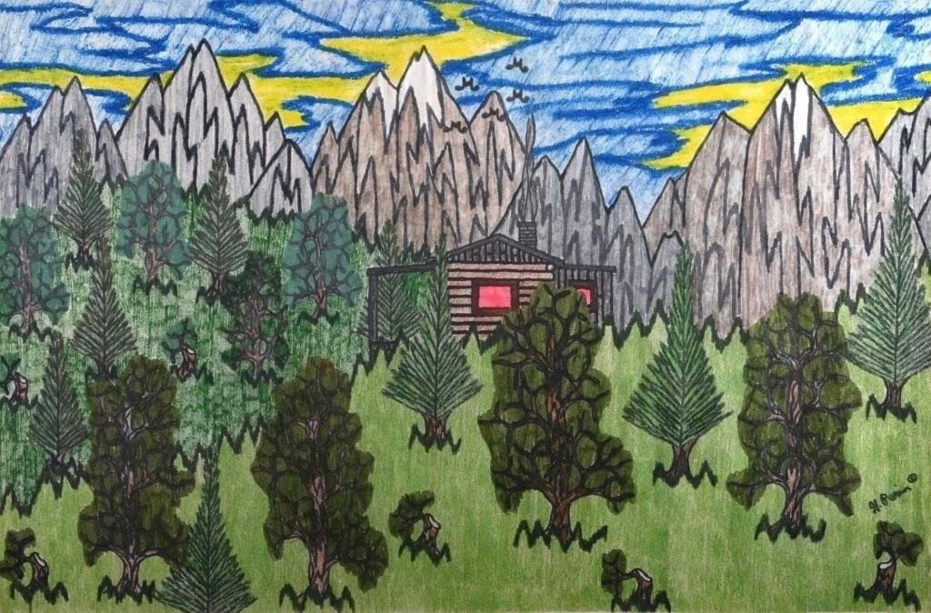 Gilbert "Butch" Perin. Cottage in the Woods: Gilbert "Butch" Perin. Died 2005 Cottage in the Woods. Signed. Colored pencil on paper. Kentucky Art. Excellent Condition. Size: 12" H x 18" W. Provenance: Private Georgia Collection. Est. $300 - $500