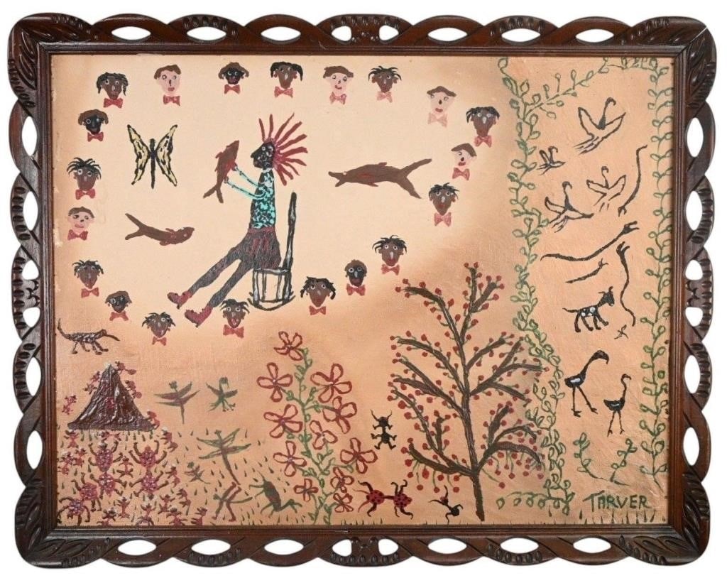 Willie Tarver. Cirlce of Life Painting: Willie Tarver. (1932-2010) Cirlce of Life Painting. Signed. Paint on panel board. Willie Tarver was well known for his metal sculptural figures. His paintings are more rare. Most of his ideas were att