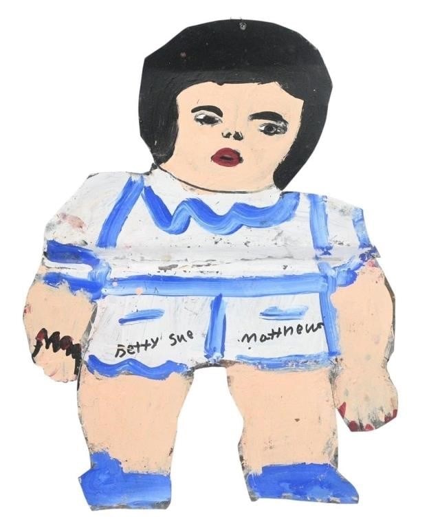 Betty Sue Matthews. Girl in Blue: Betty Sue Matthews. (1944-2018) Girl in Blue. Signed. Paint on cutout tin siding. Great representation of Matthews painting on both sides to illustrate the front and back of the same individual. Matth