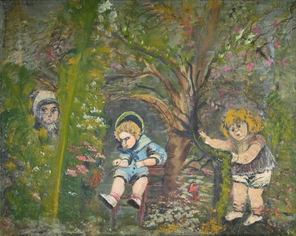 Ursula Barnes. Three Children In The Woods: Ursula Barnes. (1872-1958) Three Children In The Woods. c. 1930's. Not signed or Dated. Numbered #8. Oil on canvas. Doulbe-sided work with Zebras on verso. Barnes was a German American Outsider artist
