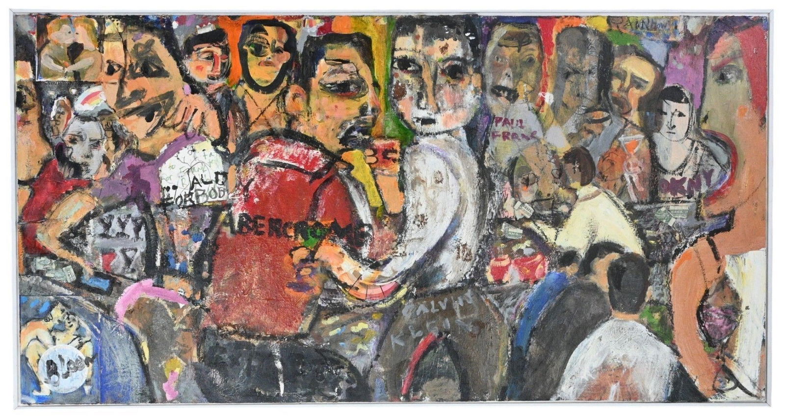 Jim Bloom. Woodys (Abercrombie): Jim Bloom. (1968-) Woodys (Abercrombie). 2009. Signed. Acrylic, mixed media, collage on wood, box frame. A Masterpiece example. Excellent Condition. Size: 26" H x 49.5" W. Provenance: Outsider Folk Ar
