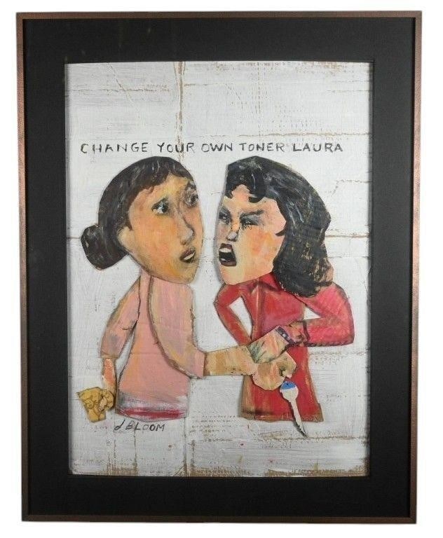 Jim Bloom. Change Your Own Toner Laura: Jim Bloom. (1968-) Change Your Own Toner Laura. Signed. Paint on corrugated board. Perfect piece for the office. Professionally framed with glass. A Folk Art Auctions Favorite. Excellent Condition. Si