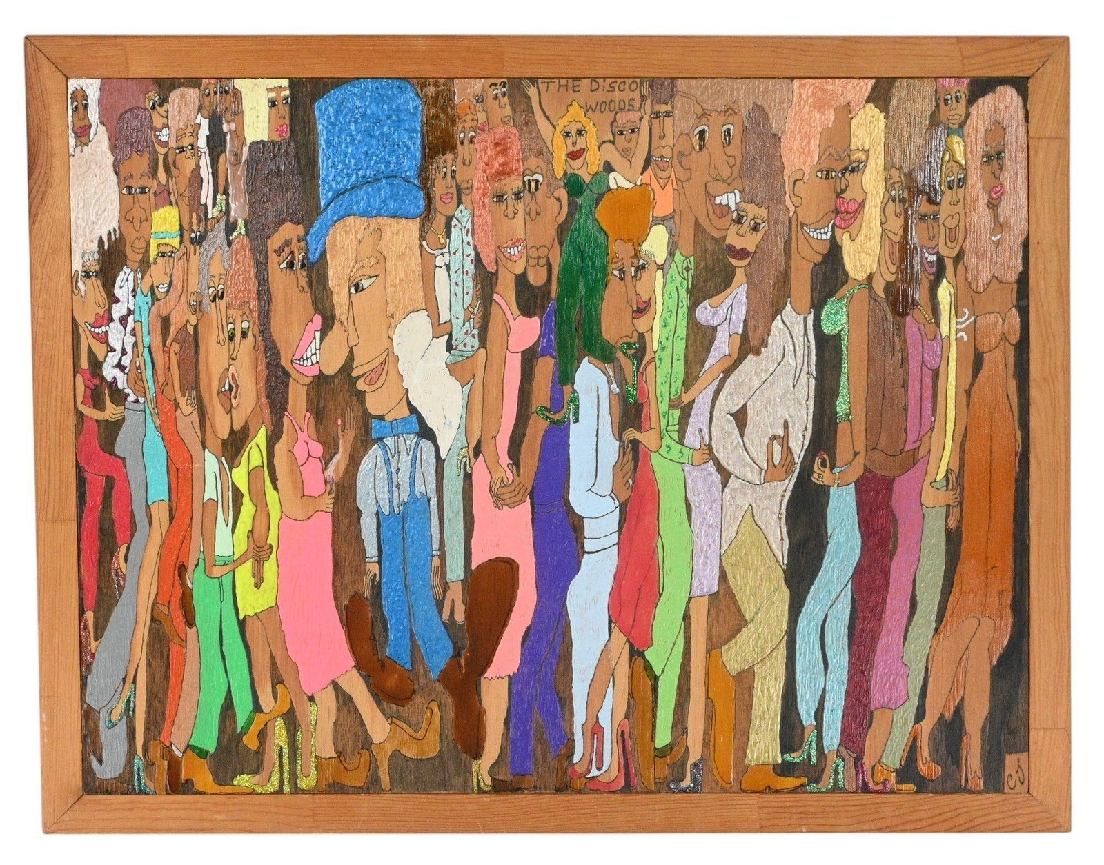Cynthia Jones. The Disco Woods: Cynthia Jones. The Disco Woods. 1997. Signed, Dated, and Titled. Paint, pen, and glitter on board. Series 4 #60-9. Dated 7/30/97. Excellent Condition. Size: 20" H x 25.75" W. Provenance: Private Nort