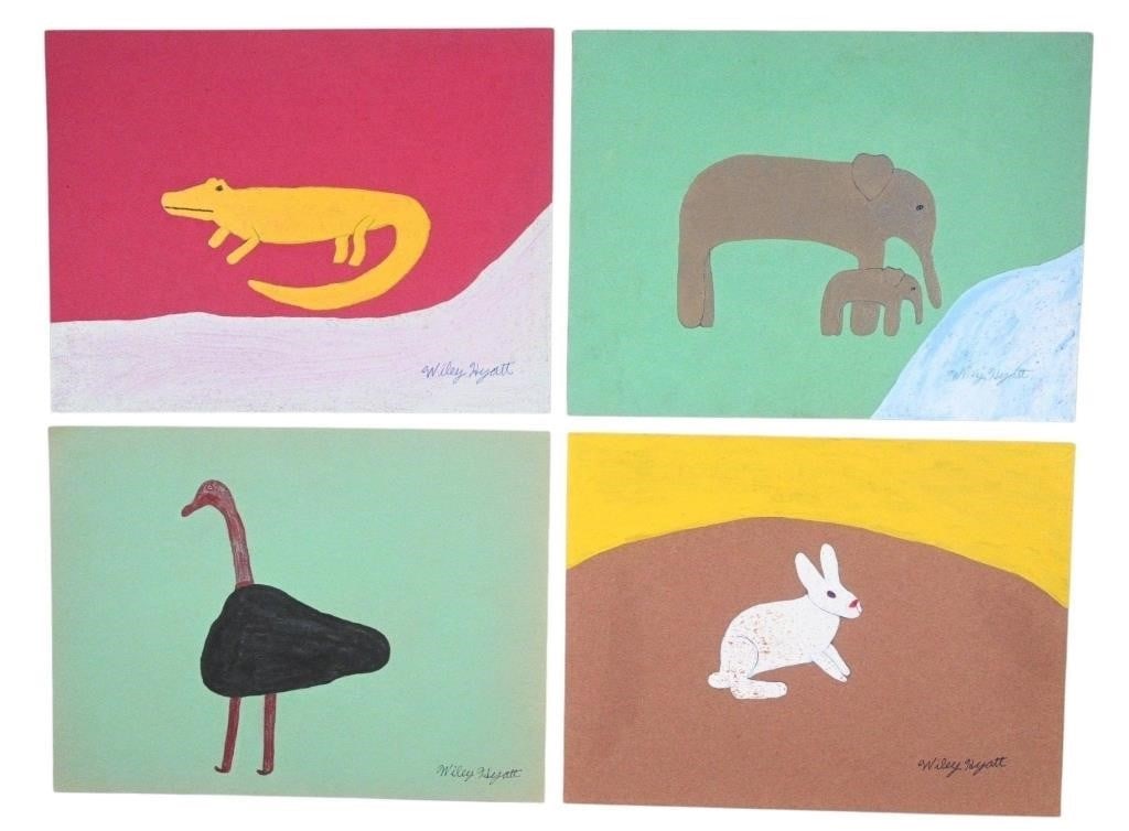 Wiley Hyatt. 4 Animal Paintings: Wiley Hyatt. 4 Animal Paintings. Signed. Paint on colored construction paper. Simple paintings of animals: Rabbit, Elephants, Alligator, and Ostrich. Good Condition. Some fading of colored paper. Size