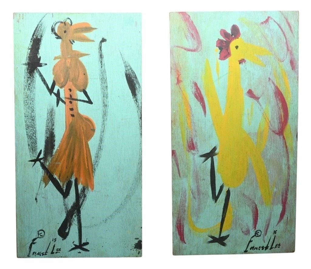 Ernest Lee. Pair of Chickens: Ernest Lee. Pair of Chickens. 2015. Signed and Dated. Paint on wood board. Excellent Condition. Size: 23.5" H x 12" W. Provenance: Private North Carolina Collection. Est. $200 - $400.