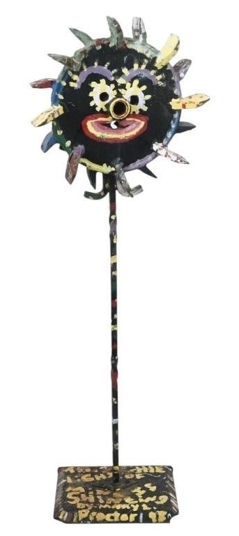 Mary Proctor. This Little Light of Mine is Shining: Mary Proctor. (1960-) This Little Light of Mine is Shining. 1998. Signed and Dated. Paint on metal sculpture. Heavy piece. Good Condition. Minor paint loss. Size: 39" H x 13.5" W x 12" D. Provenance: 