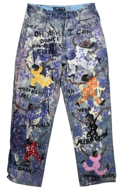Mary Proctor. Purple Painted Blue Jeans: Mary Proctor. (1960-) Purple Painted Blue Jeans. 2019. Signed and Dated. Paint on blue jeans. For the Mary Proctor collector who thinks they have it all. Nicely painted pants, "Oh Yeah, I can dance on