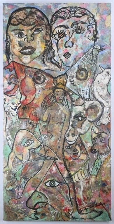 Carolyn Mae Lassiter. Walking with God's Creatures: Carolyn Mae Lassiter. Walking with God's Creatures. Signed. Mixed media on canvas. Santa Fe New Mexico artist. Strong female energy with bold saturated colors and muted watercolor accents with ink. Am