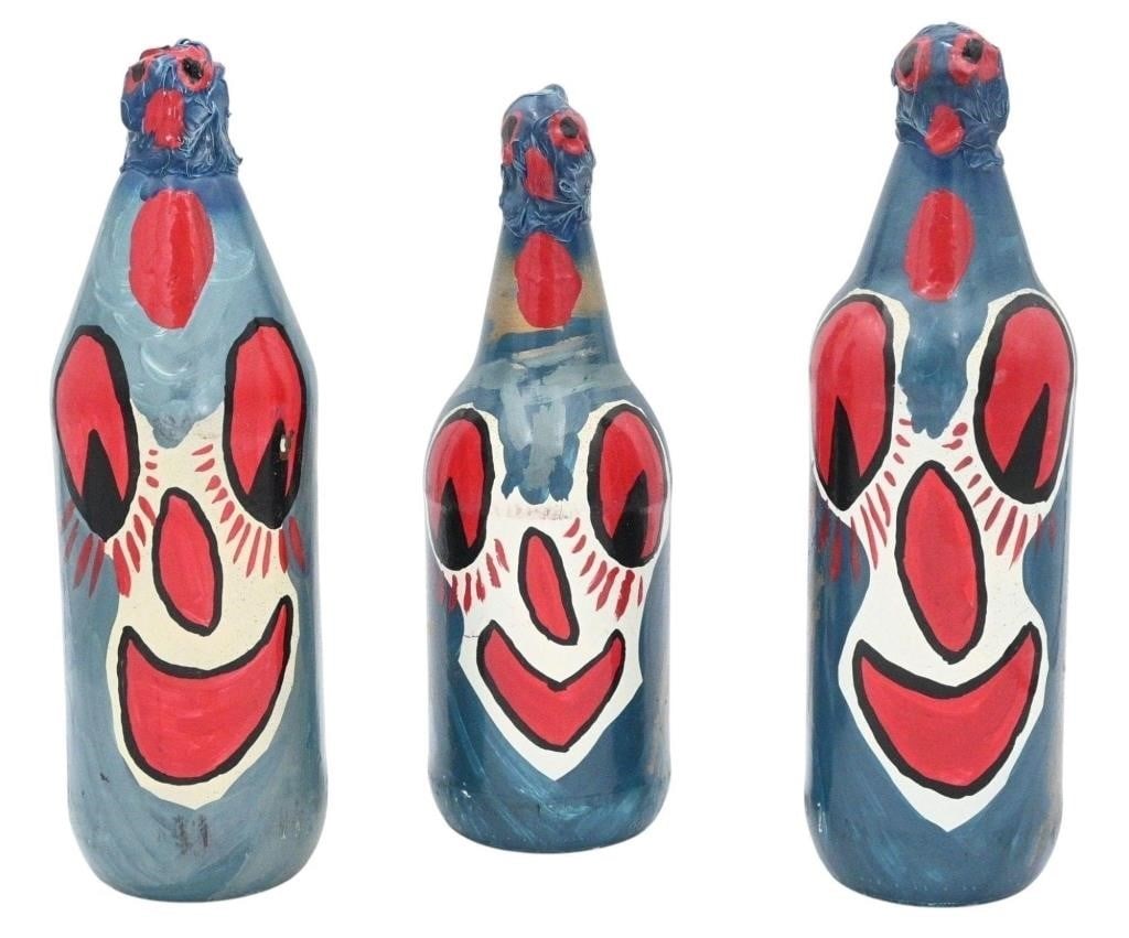 Frank "Preacher" Boyle. 3 Happy Face Blue Bottles: Frank "Preacher" Boyle. (1933-2001) 3 Happy Face Blue Bottles. 1999. Signed and Dated. Paint on glass bottle. Memphis artist. Collection of three painted glass bottles. Excellent Condition. Size: 12" 