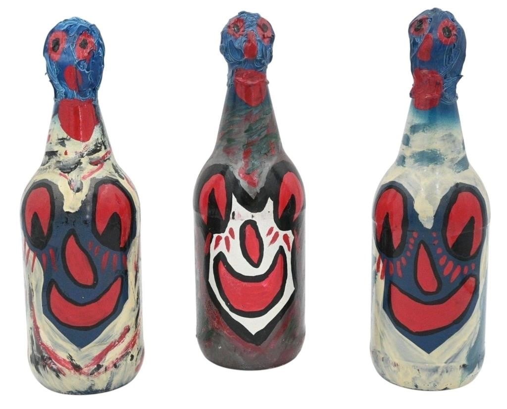 Frank "Preacher" Boyle. 3 Happy Face Red/White/Green Bottles: Frank "Preacher" Boyle. (1933-2001) 3 Happy Face Red/White/Green Bottles. 1999. Signed and Dated. Paint on glass bottle. Memphis artist. Collection of three painted glass bottles. Excellent Condition.