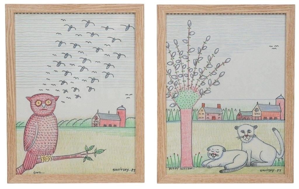 Jack Savitsky. Owl & Pussy Willow: Jack Savitsky. (1910-1991) Owl & Pussy Willow. 1987. Signed, Dated, and Titled. Ink, crayon, and graphite on signed notebook paper. Signed, Dated, and Titled on reverse also. Excellent Condition. Size