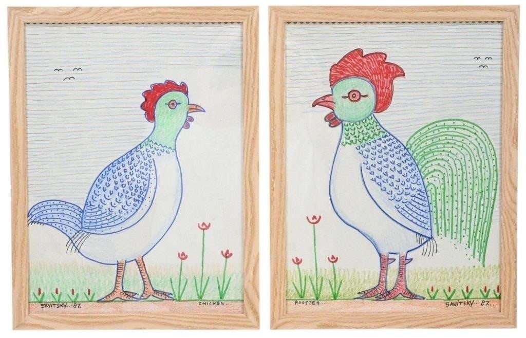 Jack Savitsky. Chicken & Rooster: Jack Savitsky. (1910-1991) Chicken & Rooster. 1987. Signed, Dated, and Titled. Ink, crayon, and graphite on signed notebook paper. Signed, Dated, and Titled on reverse also. Excellent Condition. Size: