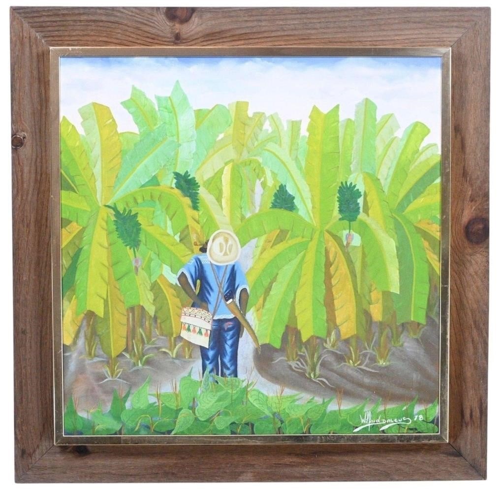 Wilfrid Daleus. Banana Harvest: Wilfrid Daleus. (1949-2017) Banana Harvest. 1978. Signed and Dated. Haitian artist. Excellent Condition. Size: 25" H x 25" W. Size with Frame: 30.5" H x 30" W. Provenance: Private Georgia (30+ years) 
