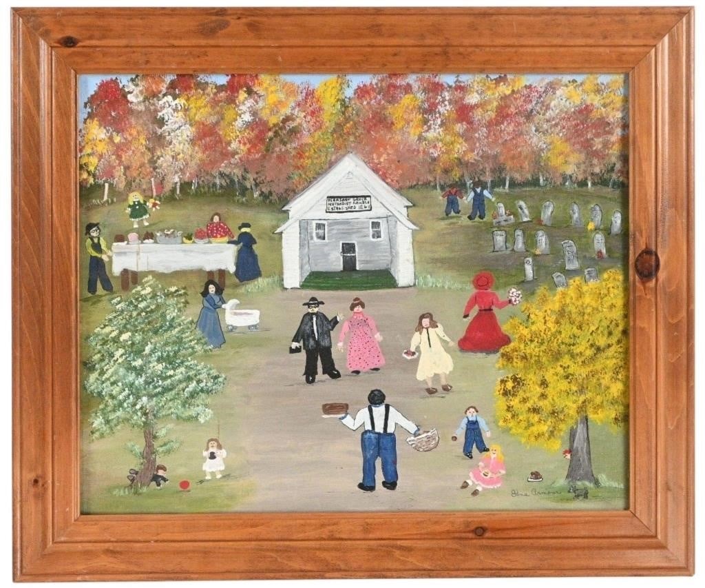 Edna Armour. Homecoming Day at Pleasant Grove Methodist Church: Edna Armour. Homecoming Day at Pleasant Grove Methodist Church. 2009. Signed, Dated, and Titled. Paint on canvas board. Excellent Condition. Size: 16" H x 20" W. Size with Frame: 20.5" H x 24.5" W. Pr