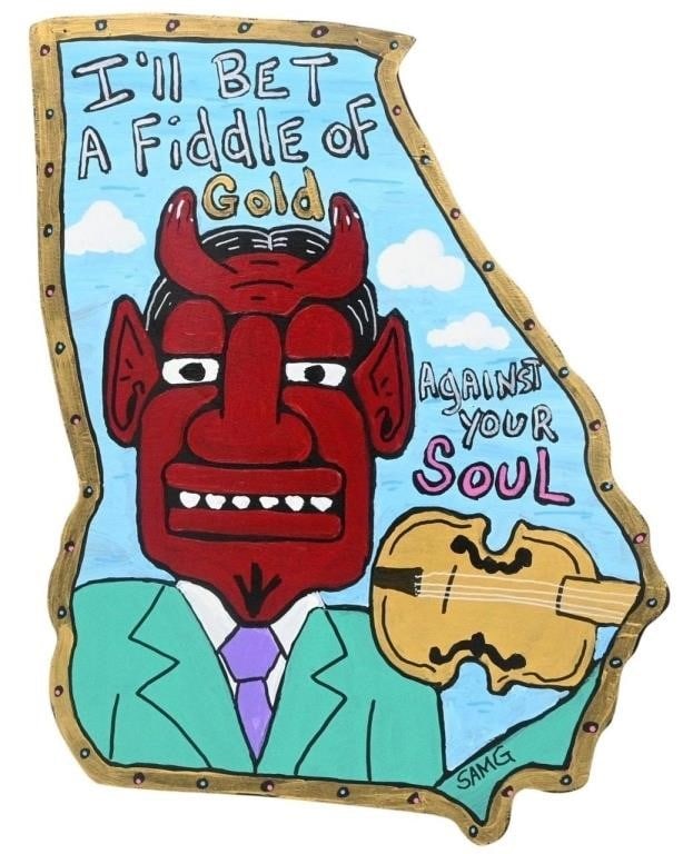 Sam Granger. Fiddle of Gold: Sam Granger. Fiddle of Gold. 2025. Signed, Dated, Titled, and Numbered. Paint on wooden cutout of the state of GA. "I'll Bet A Fiddle of Gold Against Your Soul" Numbered 3260. Excellent Condition. Siz