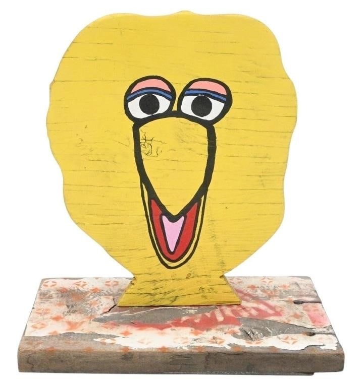 Tony Dotson. Big Bird Knockdown: Tony Dotson. (1971-2025) Big Bird Knockdown. 2018. Signed, Dated, and Titled. Wood and paint. Fair Condition. Missing paint at base, but may be intentional. Size: 10.25" H x 9.5" W x 5.25" D. Provenan