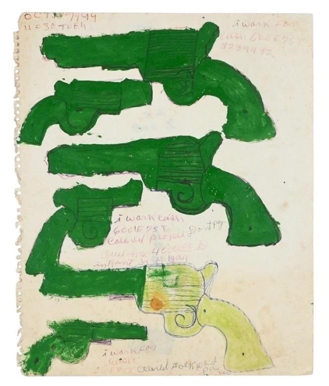 Bryant Gowens. I Wank For Cash Drawing: Bryant Gowens. (1918-2003) I Wank For Cash Drawing. Not Signed. Paint and glitter on paper. Gowens was an African American artist who lived in Sanford, FL. His artwork focused on guns because he was r