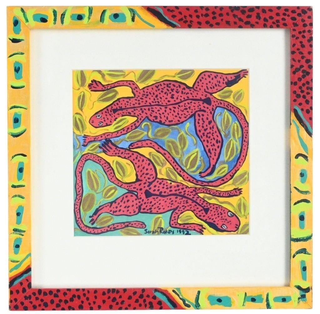 Sarah Rakes. Twin Lizards in a Puddle: Sarah Rakes. (1955-) Twin Lizards in a Puddle. 1992. Signed, Dated, and Titled. Paint on paper. Artist painted frame. Montgomery AL artist. Excellent Condition. Size with Frame: 13.75" H x 13.75" W. P