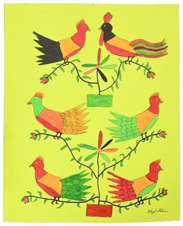 Floyd "Pussum" Glover. 6 Perched Birds on Yellow Background: Floyd "Pussum" Glover. 6 Perched Birds on Yellow Background. Signed. Marker on poster paper. Memphis artist. Good Condition. A few sheet marks. Size: 20" H x 16" W. Provenance: Prominent Tennessee Col