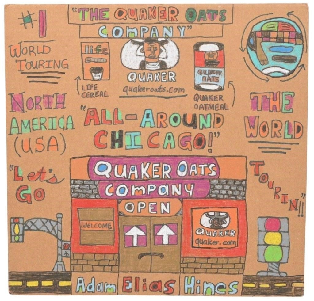 Adam Elias Hines. Quaker Oats: Adam Elias Hines. Quaker Oats. 2011. Signed and Dated. Pastel and ink on corrugated cardboard. Good Condition. Slight tear at bottom right corner. Size: 16" H x 16.25" W. Provenance: Micki Beth Stille