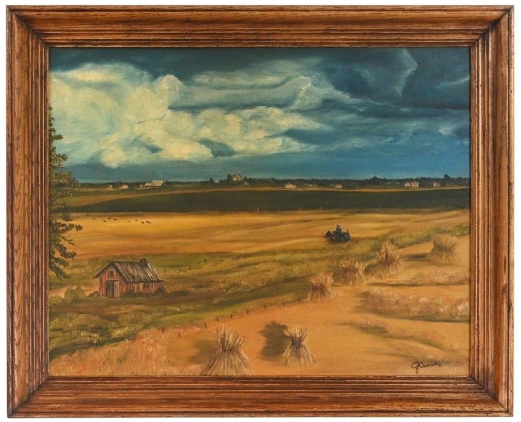 G. Crooks. Farm in Sweden: G. Crooks. Farm in Sweden. circa 1960s. Signed and Titled. Oil on canvas board. Pastoral farm landscape. Excellent Condition. Size: 22" H x 28" W. Size with Frame: 26.5" H x 32.5" W. Provenance: