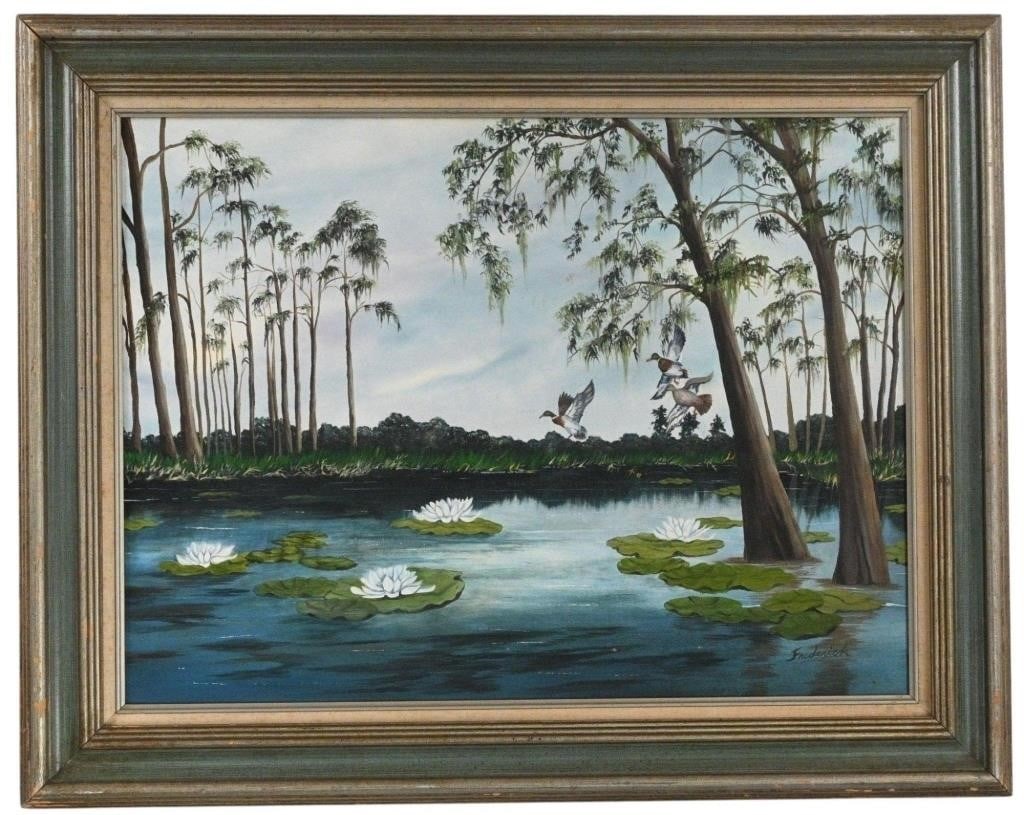 R.A. "Fredrick" Newton. Duck Landing on Lily Pond: R.A. "Fredrick" Newton. Duck Landing on Lily Pond. Signed. Oil on canvas. Protege of Alfred Hair. Highwaymen. Excellent Condition. Size: 18" H x 24' W. Size with Frame: 23.75" H x 29.75" W. Provenance
