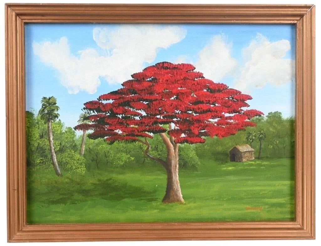 Douglas Moore. Large Royal Poinciana Tree: Douglas Moore. (1957-) Large Royal Poinciana Tree. 2005. Signed and Dated. Paint on canvas board. Florida Highwaymen Style. Good Condition. Size: 18" H x 24" W. Size with Frame: 20" H x 26" W. Pro