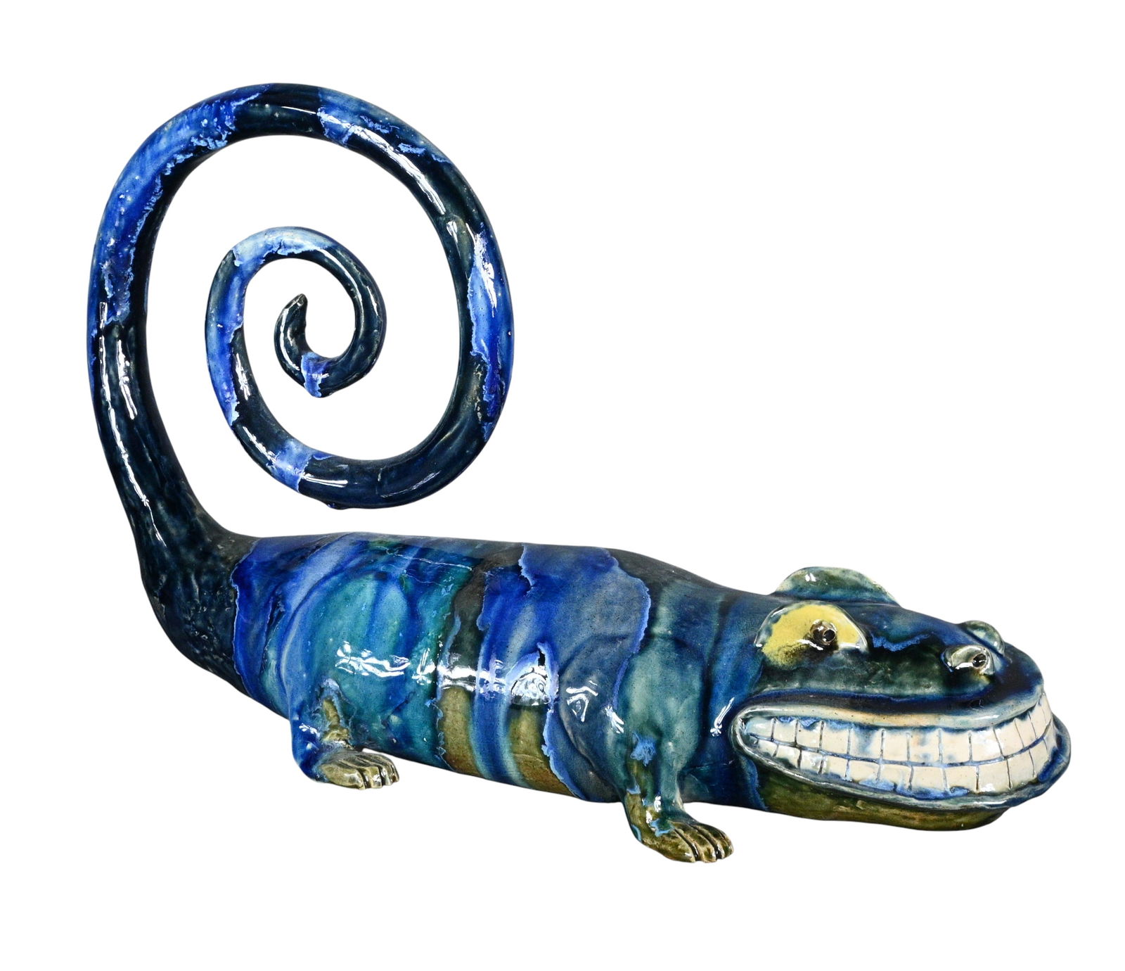 Randy Tobias. Gator with Swirly Tail: Randy Tobias. Gator with Swirly Tail. Signed. Entire piece is coated in melted glass runs. Stunning piece when placed directly in the sun or a light source. Randy has been a master at his craft for 57