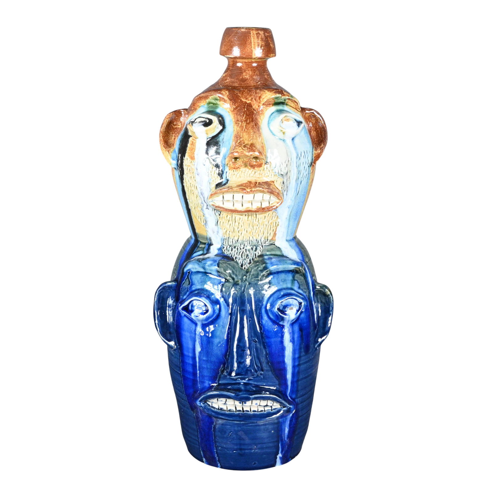 Randy Tobias. 2 Stack Totem: Randy Tobias. 2 Stack Totem.Signed. Amazing glass runs down the front of the totem. The blue glass runs are striking. Randy has been a master at his craft for 57 years starting in 1968. Mint