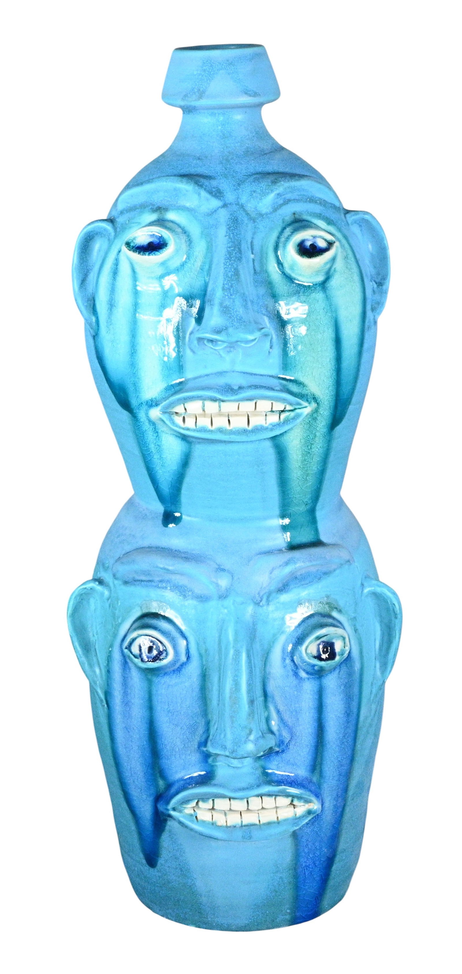 Randy Tobias. 2 Stack Turquoise Colored Totem: Randy Tobias. 2 Stack Turquoise Colored Totem.Signed. Amazing glass runs down the front of the totem. The blue glass runs are striking. Randy has been a master at his craft for 57 years starting