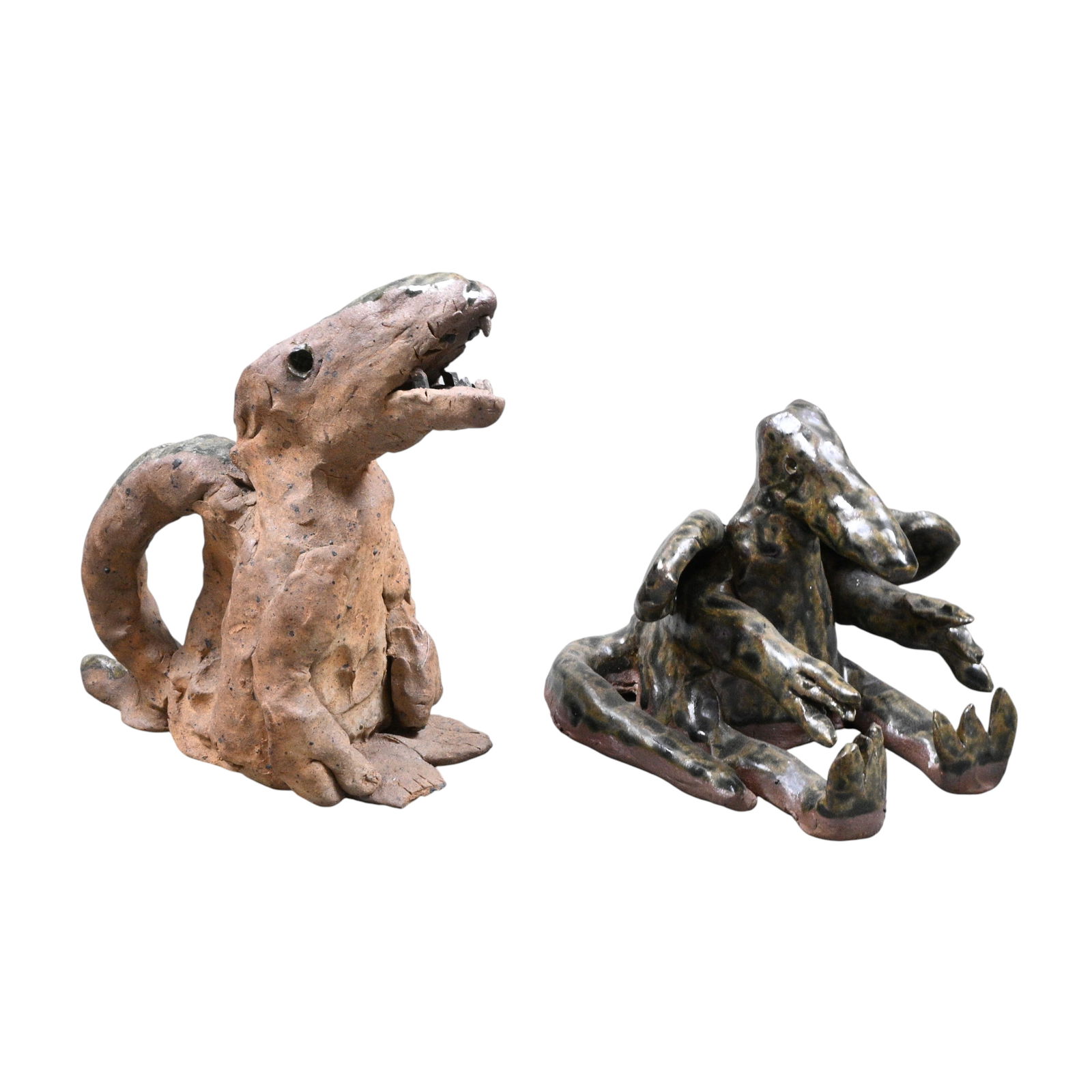 Clay Meaders. Dinosaurs: Clay Meaders. Dinosaurs.2000, 2002. Signed and Dated. Pinch pottery. Mint condition. Size: Largest is 6.25" H x 7" W. Provenance: Private Georgia Collection. Est. $50 - $100. Ship: In-House