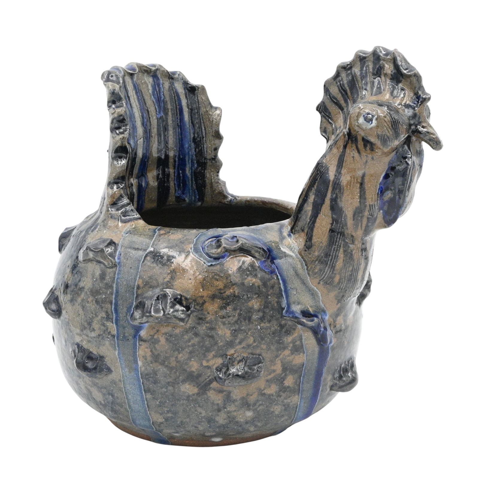 Grace Nell Hewell. Rooster Bowl: Grace Nell Hewell. (1933-2016) Rooster Bowl. 1995. Signed and Dated. Inscribed with "Who Loves The Most Gives The Most".. Good condition. Kiln crack under one of the eyes. Size: 10.25" H. Provenance: