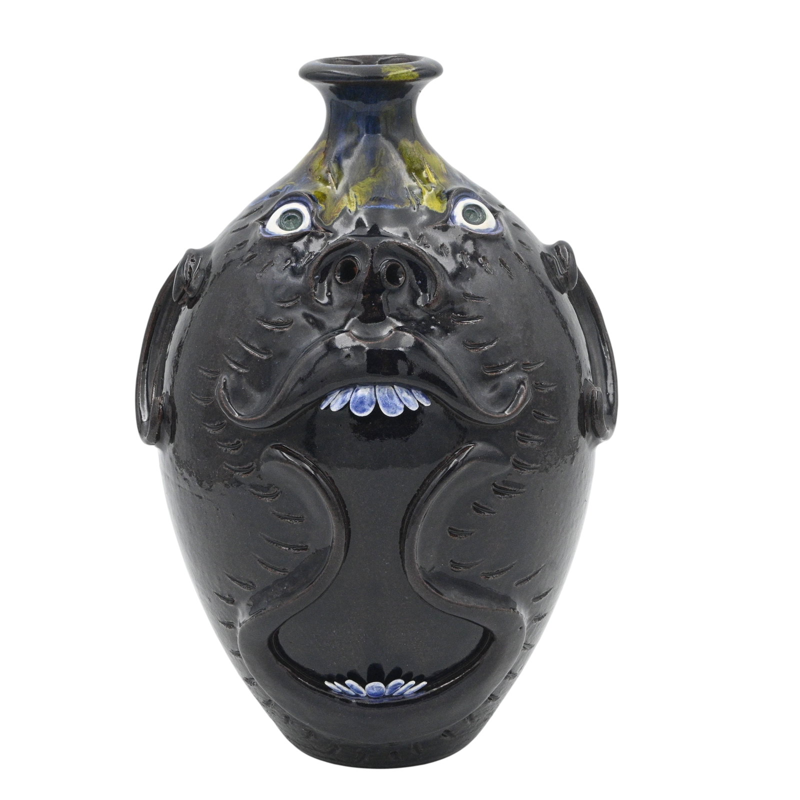 Roger Corn. Open Mouth Face Jug: Roger Corn. (b. 1957)Open Mouth Face Jug.2024. Signed and Dated. Nice blue, yellow, and orange drip glaze. Mint condition. Size: 11.5" H. Provenance: Private Georgia Collection. Est. $400 -