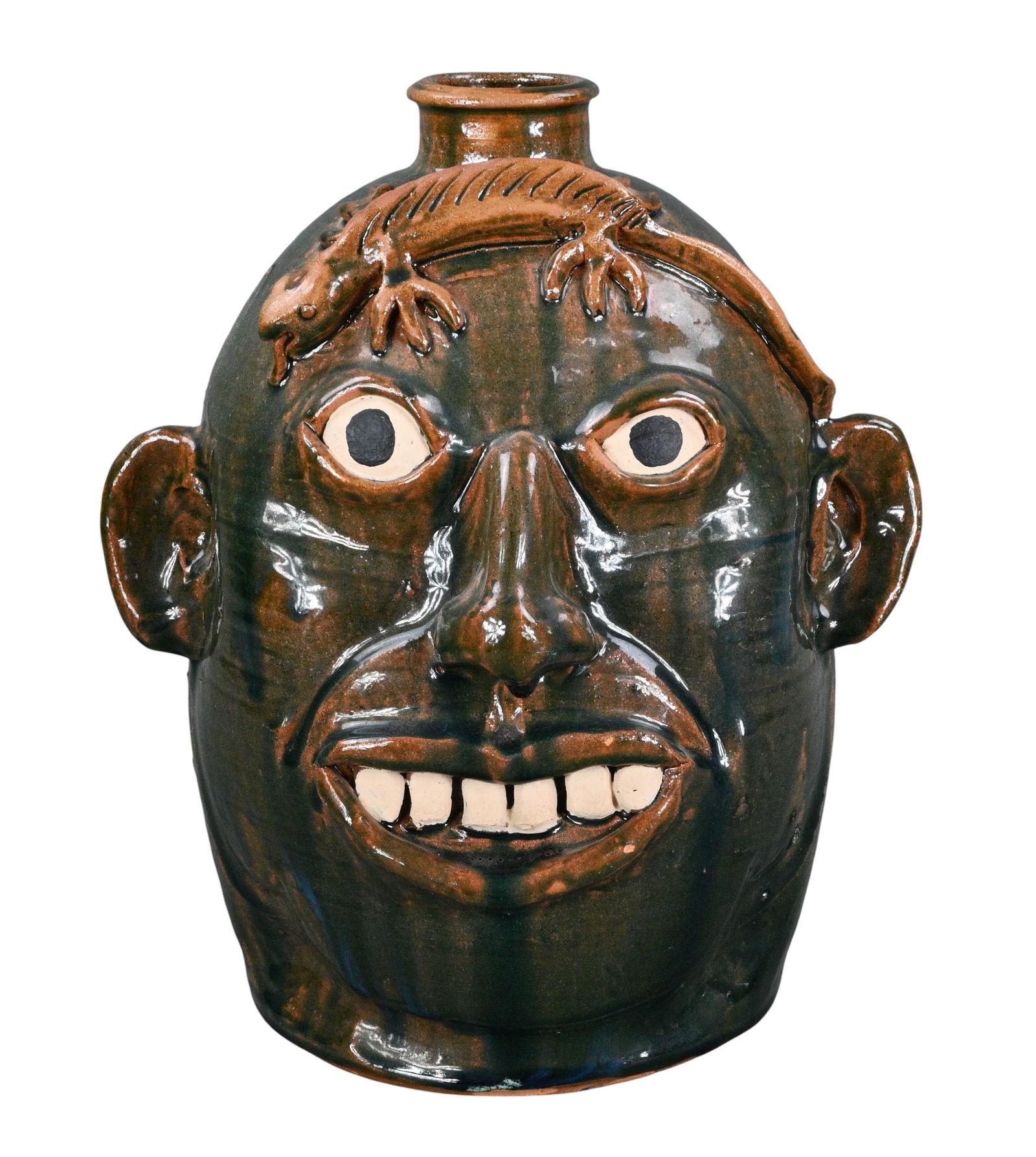 Kim Black. Large Face Jug with Lizard on Forehead: Kim Black. Large Face Jug with Lizard on Forehead.1997. Signed and Dated. Great glaze. Mint condition. Size: 12" H. Provenance: Private Georgia Collection. Est. $200 - $400. Ship: In-House