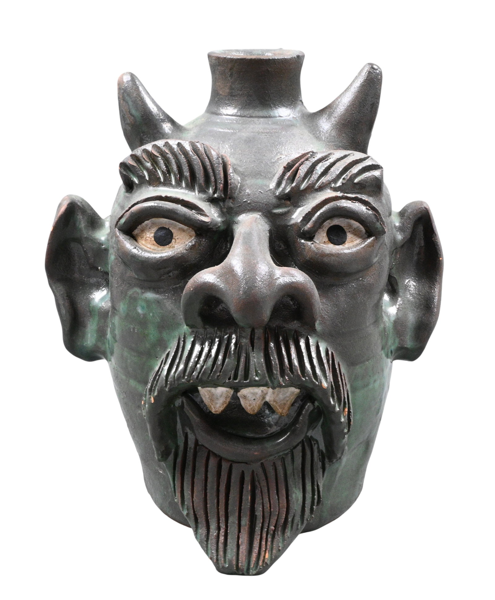 Kim Black. Green Devil Face Jug: Kim Black. Green Devil Face Jug.2001. Signed and Dated. Good condition. Small spot where it looks like the glaze did not stick. Size: 9" H. Provenance: Private Georgia Collection. Est. $200