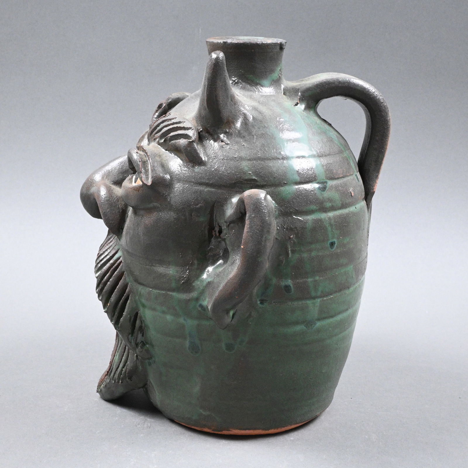 Kim Black. Green Devil Face Jug - 2